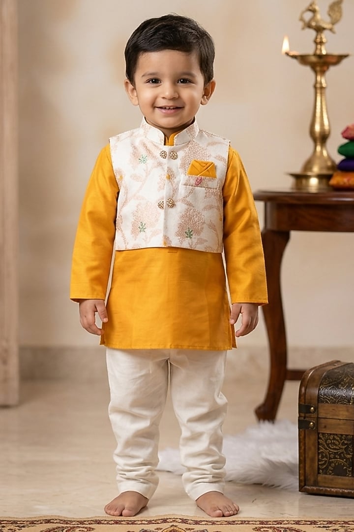 Off-White Banarasi Brocade Nehru Jacket Set For Boys by Little Loom at Pernia's Pop Up Shop