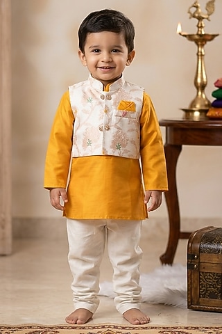 Off-White Banarasi Brocade Nehru Jacket Set For Boys by Little Loom