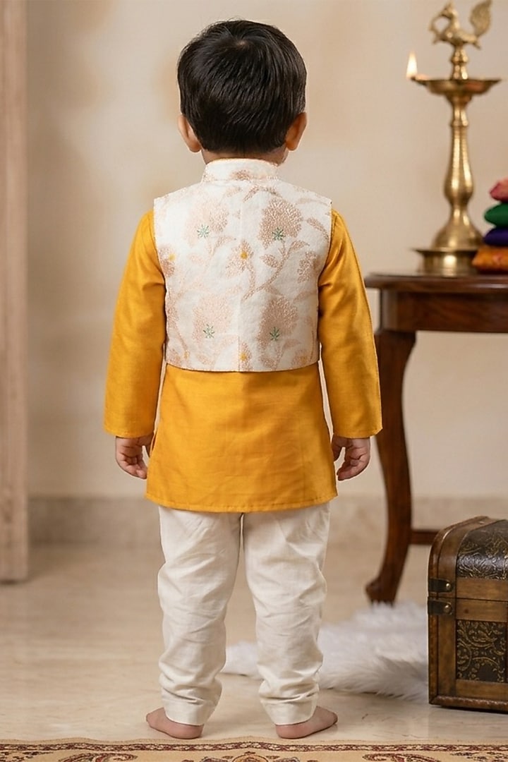 Off-White Banarasi Brocade Nehru Jacket Set For Boys by Little Loom at Pernia's Pop Up Shop