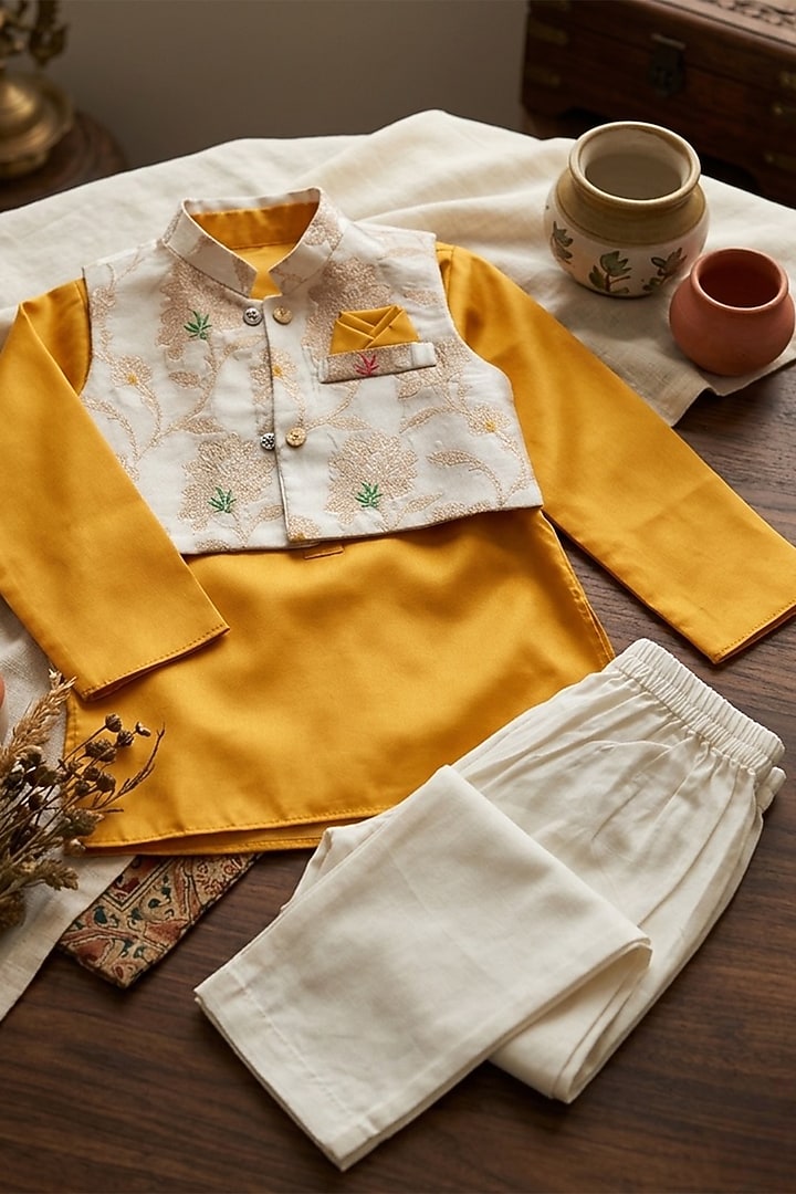 Off-White Banarasi Brocade Nehru Jacket Set For Boys by Little Loom at Pernia's Pop Up Shop