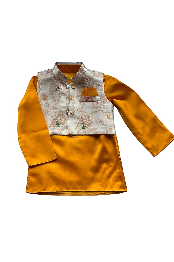Off-White Banarasi Brocade Nehru Jacket Set For Boys by Little Loom at Pernia's Pop Up Shop