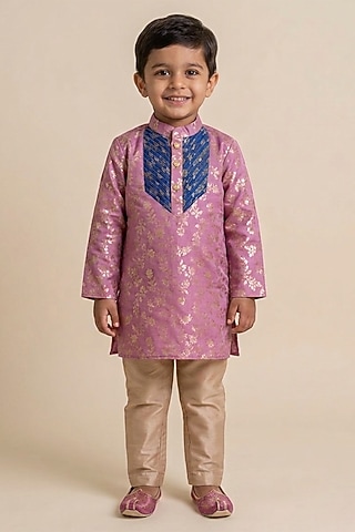 Violet & Blue Chanderi Silk Kurta Set For Boys by Little Loom