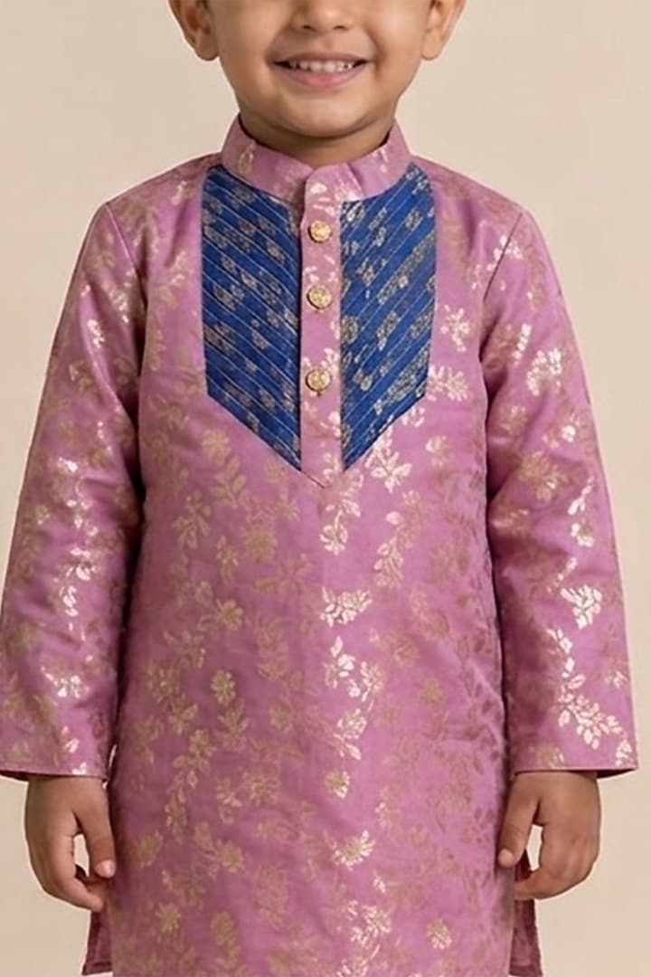 Violet & Blue Chanderi Silk Kurta Set For Boys by Little Loom at Pernia's Pop Up Shop