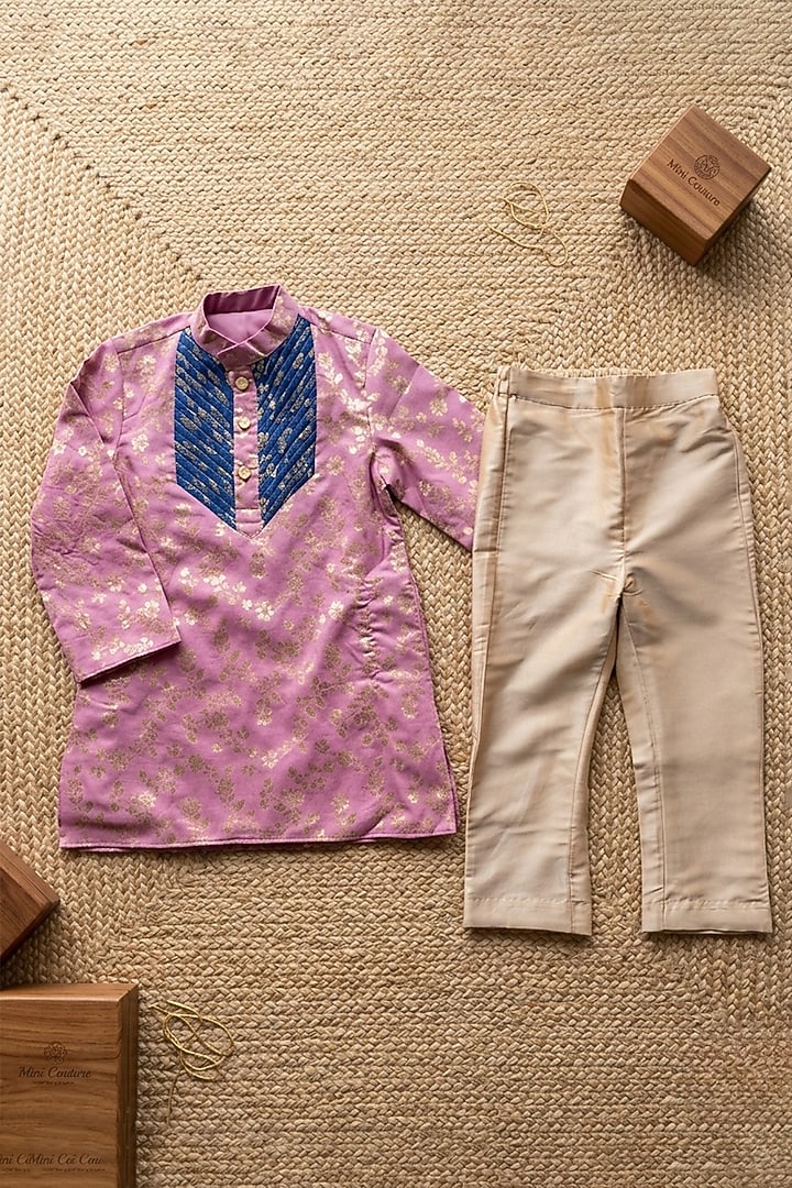 Violet & Blue Chanderi Silk Kurta Set For Boys by Little Loom at Pernia's Pop Up Shop