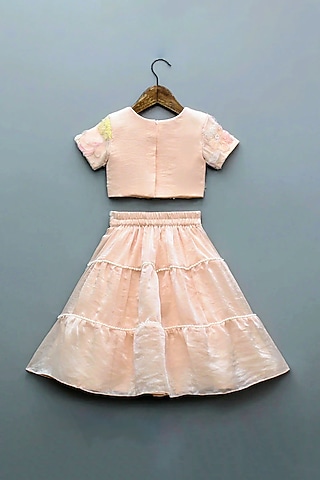 Light Peach Net & Space Silk Embroidered Lehenga Set For Girls by Little Loom