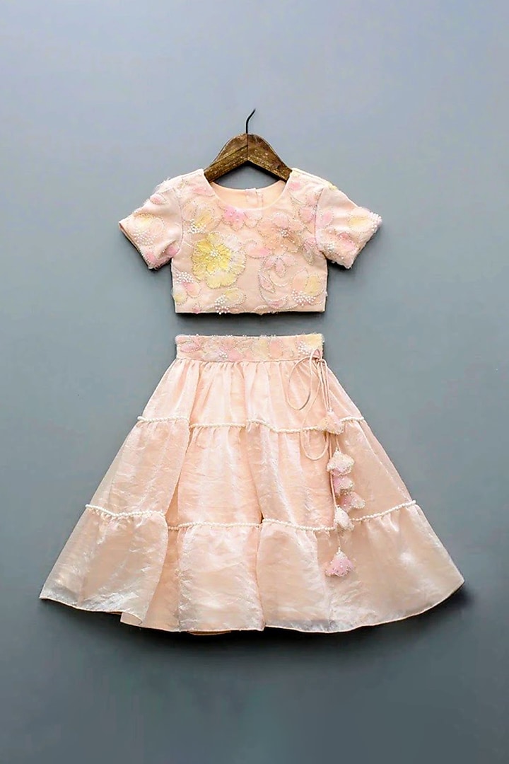 Light Peach Net & Space Silk Embroidered Lehenga Set For Girls by Little Loom at Pernia's Pop Up Shop