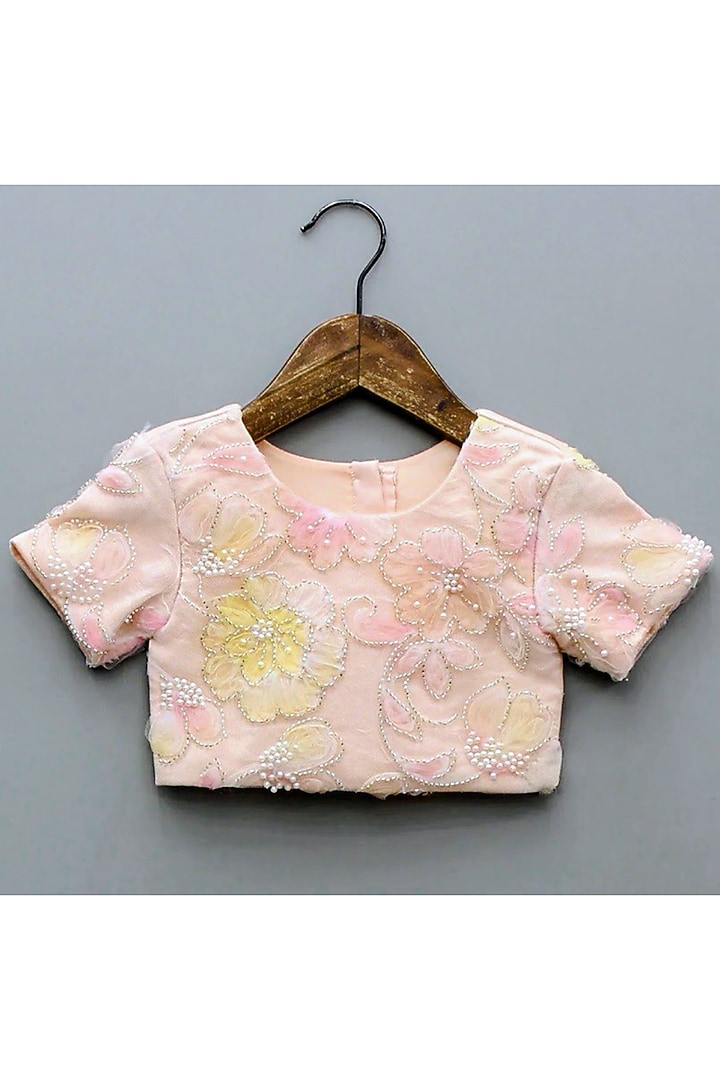 Light Peach Net & Space Silk Embroidered Lehenga Set For Girls by Little Loom at Pernia's Pop Up Shop