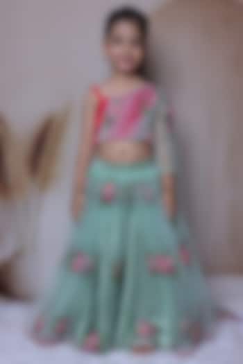 Mint Green Satin Floral Embroidered Lehenga Set For Girls by Little Loom at Pernia's Pop Up Shop