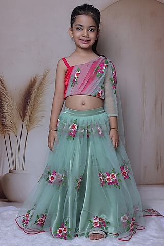 Mint Green Satin Floral Embroidered Lehenga Set For Girls by Little Loom