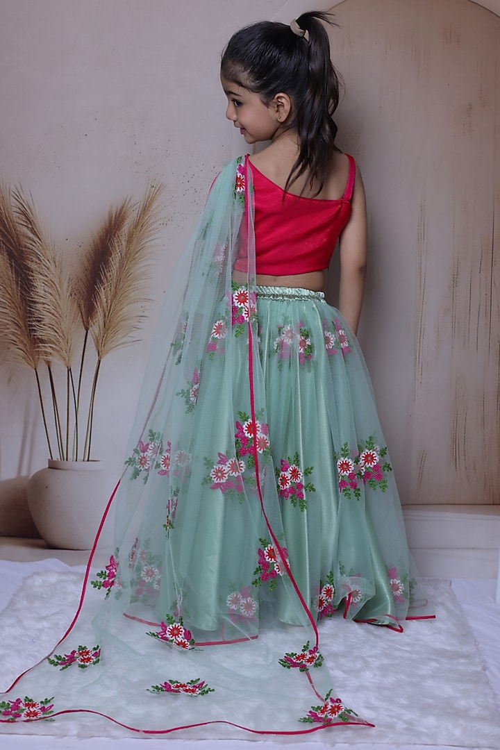 Mint Green Satin Floral Embroidered Lehenga Set For Girls by Little Loom at Pernia's Pop Up Shop