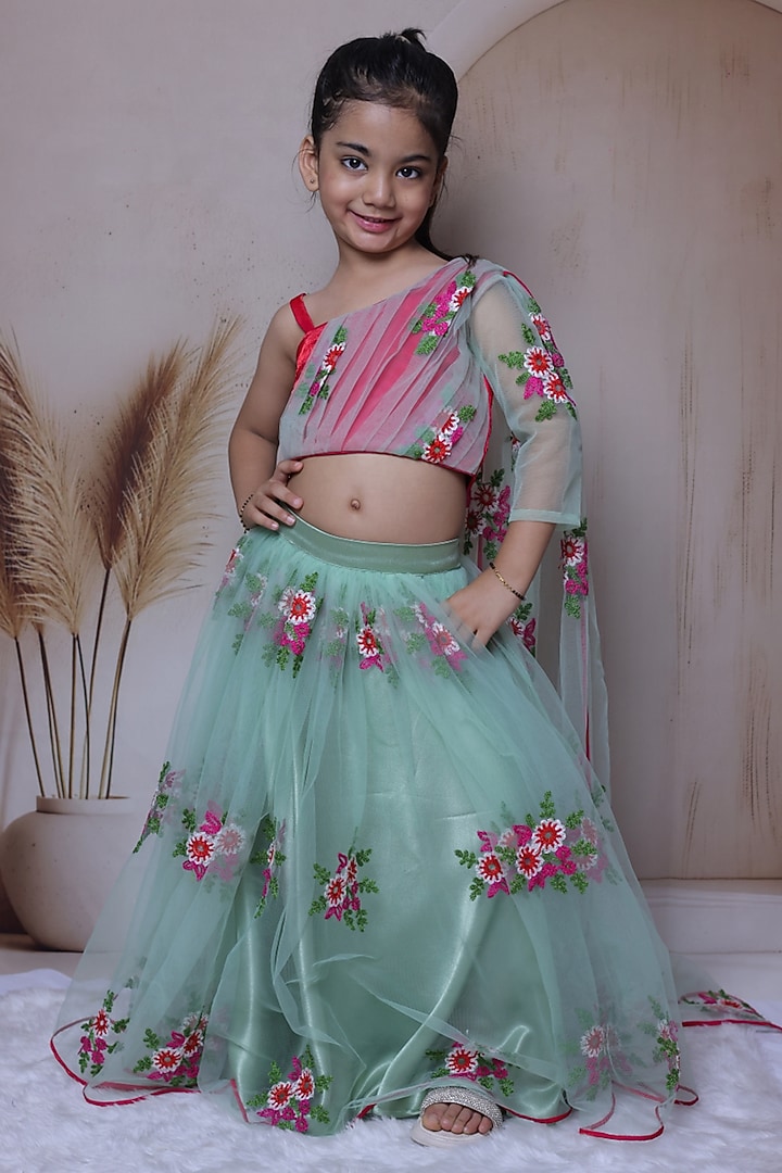 Mint Green Satin Floral Embroidered Lehenga Set For Girls by Little Loom at Pernia's Pop Up Shop