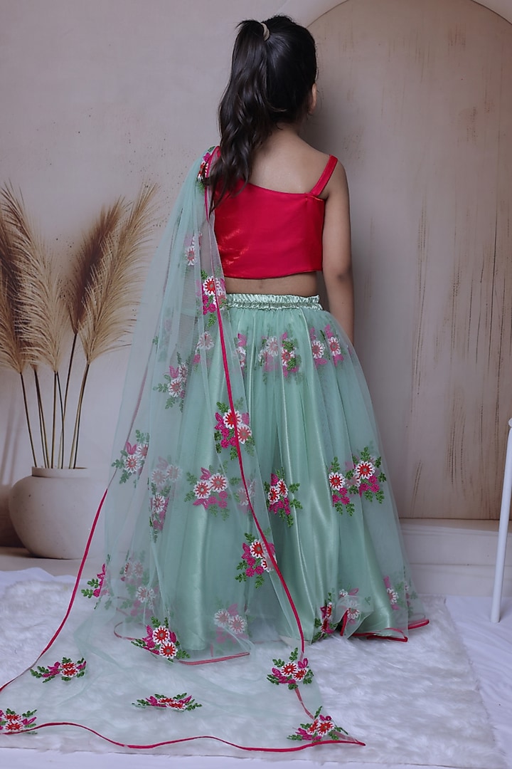 Mint Green Satin Floral Embroidered Lehenga Set For Girls by Little Loom at Pernia's Pop Up Shop