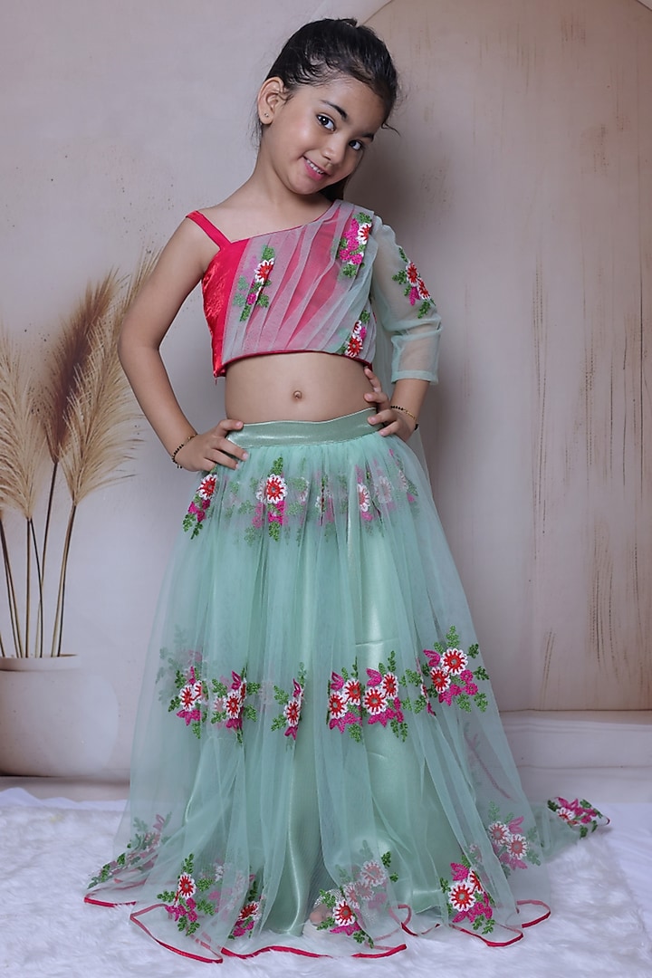 Mint Green Satin Floral Embroidered Lehenga Set For Girls by Little Loom at Pernia's Pop Up Shop
