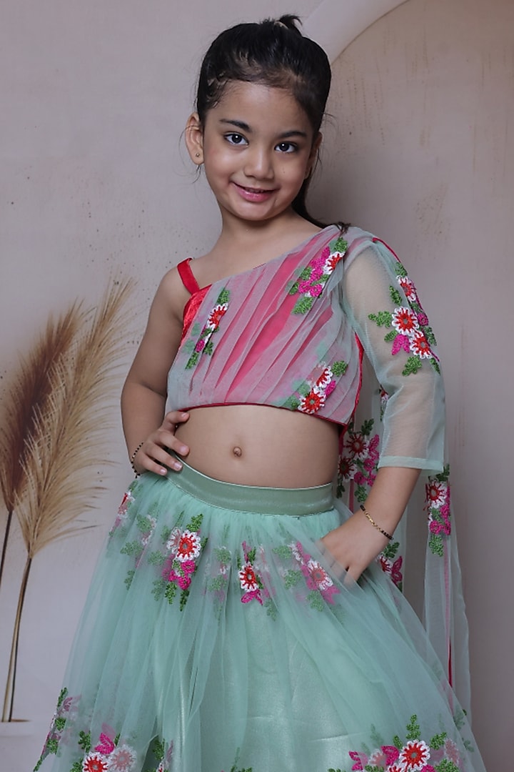 Mint Green Satin Floral Embroidered Lehenga Set For Girls by Little Loom at Pernia's Pop Up Shop