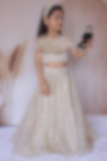 Champagne Crushed Silk Floral Motif Embellished Lehenga Set For Girls by Little Loom at Pernia's Pop Up Shop