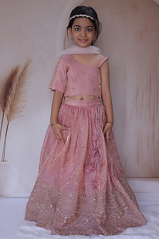 Peach Crushed Silk Embroidered Flared lehenga Set For Girls by Little Loom