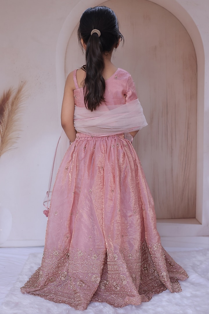 Peach Crushed Silk Embroidered Flared lehenga Set For Girls by Little Loom at Pernia's Pop Up Shop