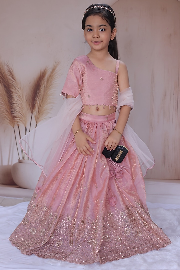 Peach Crushed Silk Embroidered Flared lehenga Set For Girls by Little Loom at Pernia's Pop Up Shop