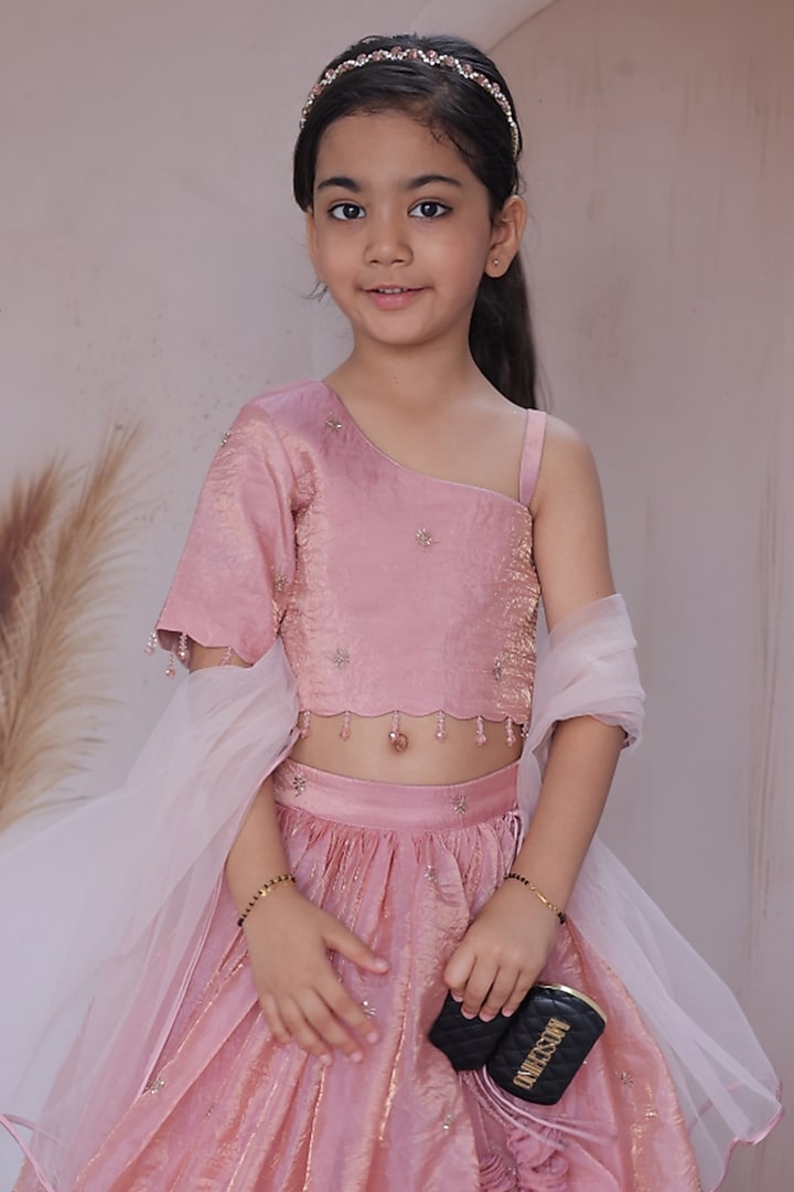 Peach Crushed Silk Embroidered Flared lehenga Set For Girls by Little Loom at Pernia's Pop Up Shop