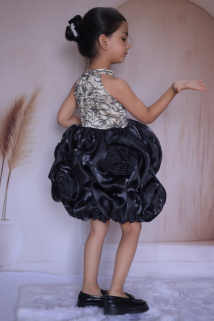 Black & Beige Crushed Silk Embellished Dress For Girls by Little Loom at Pernia's Pop Up Shop