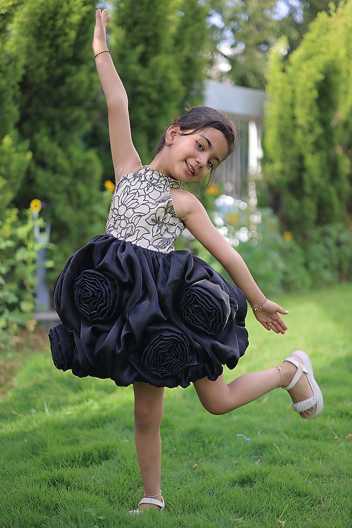 Black & Beige Crushed Silk Embellished Dress For Girls by Little Loom at Pernia's Pop Up Shop