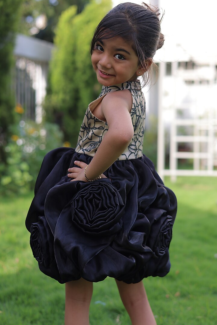 Black & Beige Crushed Silk Embellished Dress For Girls by Little Loom at Pernia's Pop Up Shop