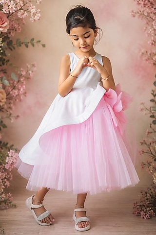 White Crushed Silk Embellished Dress For Girls by Little Loom