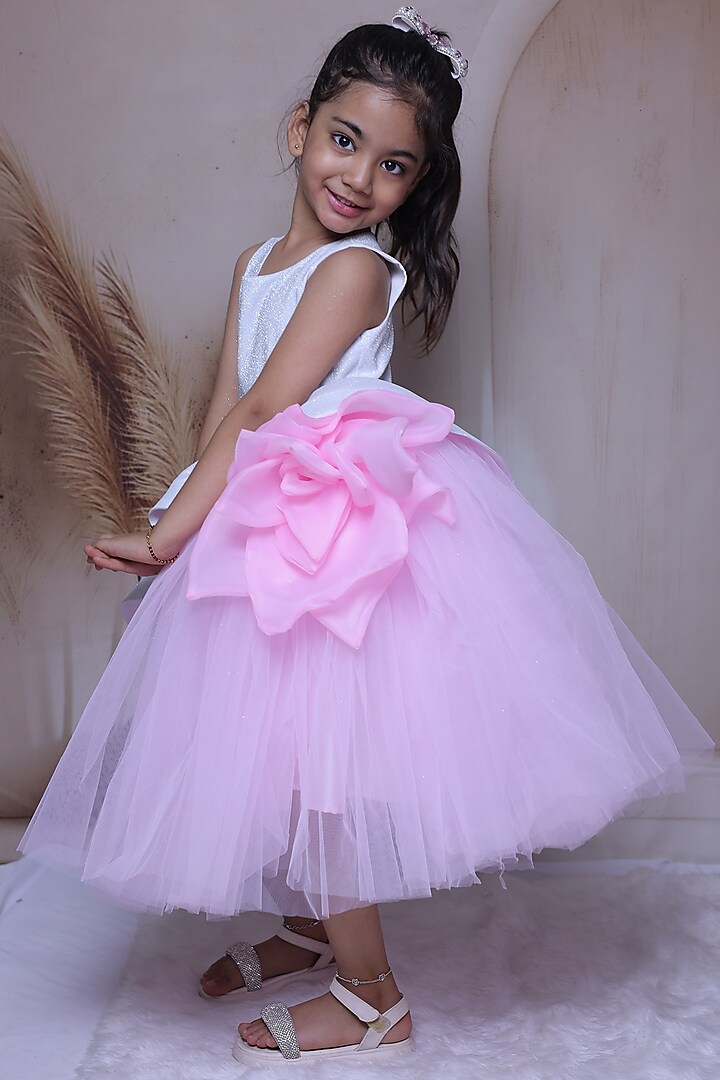 White Crushed Silk Embellished Dress For Girls by Little Loom at Pernia's Pop Up Shop