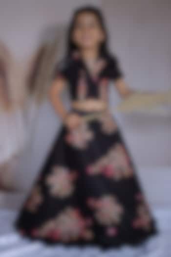 Black Tissue Floral Digital Printed Lehenga Set For Girls by Little Loom at Pernia's Pop Up Shop