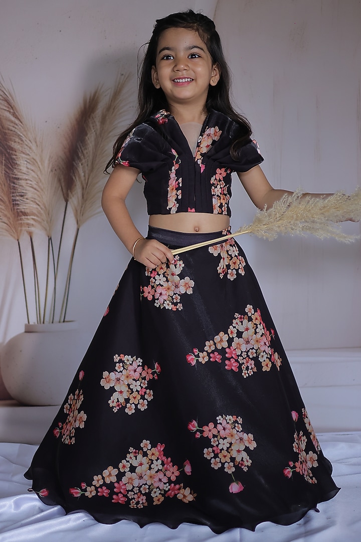 Black Tissue Floral Digital Printed Lehenga Set For Girls by Little Loom at Pernia's Pop Up Shop