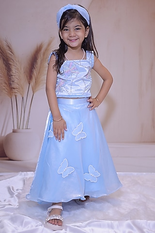 Sky Blue Tissue Hand Embroidered Lehenga Set For Girls by Little Loom