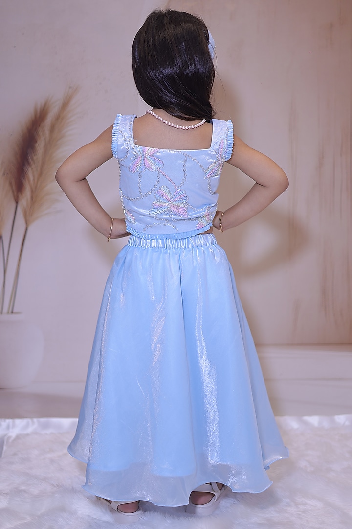 Sky Blue Tissue Hand Embroidered Lehenga Set For Girls by Little Loom at Pernia's Pop Up Shop