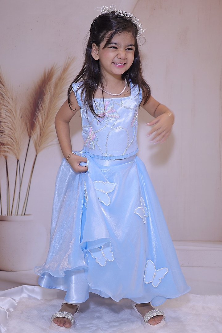 Sky Blue Tissue Hand Embroidered Lehenga Set For Girls by Little Loom at Pernia's Pop Up Shop