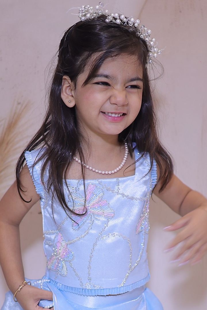 Sky Blue Tissue Hand Embroidered Lehenga Set For Girls by Little Loom at Pernia's Pop Up Shop