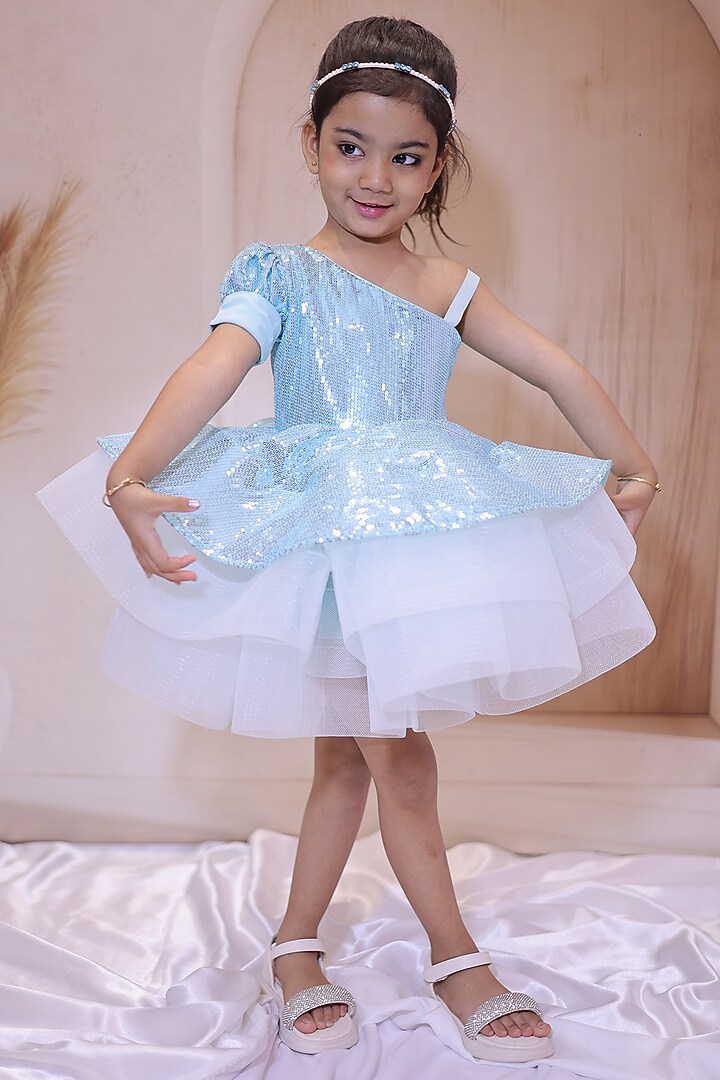 Sky Blue Georgette Sequins Embroidered Flared Dress For Girls by Little Loom at Pernia's Pop Up Shop