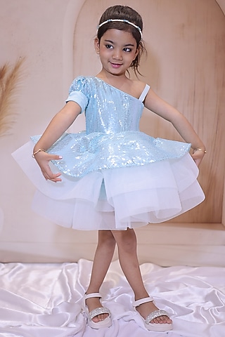 Sky Blue Georgette Sequins Embroidered Flared Dress For Girls by Little Loom