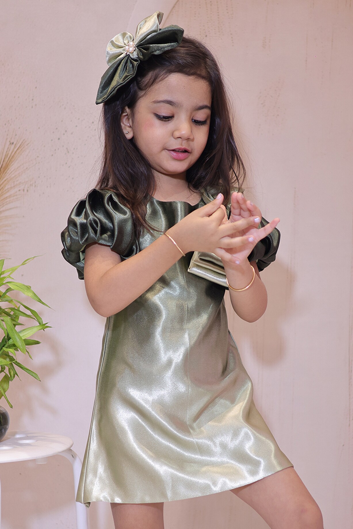 Olive Green Satin Dress For Girls by Little Loom at Pernia's Pop Up Shop
