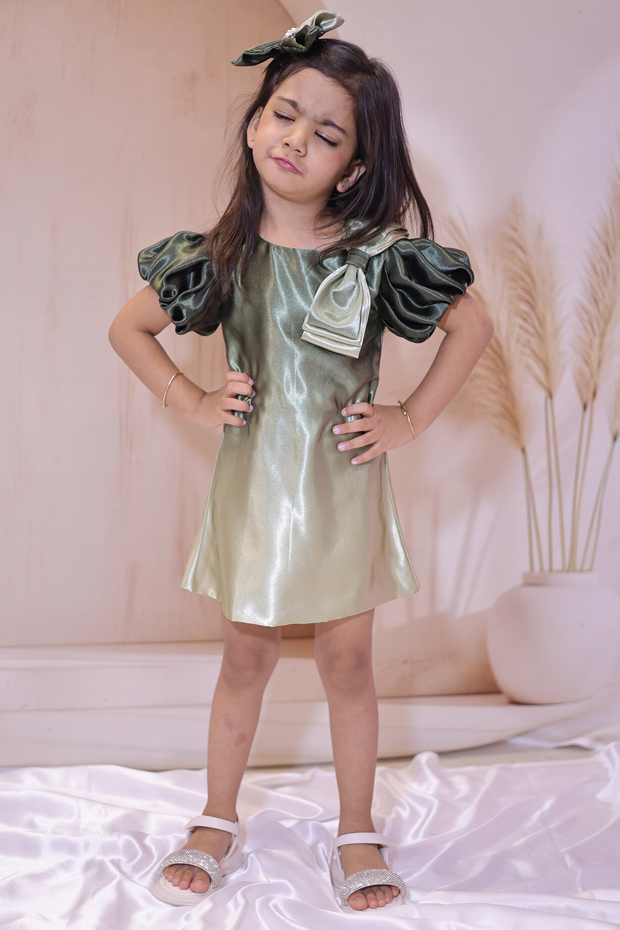 Olive Green Satin Dress For Girls by Little Loom at Pernia's Pop Up Shop  2026