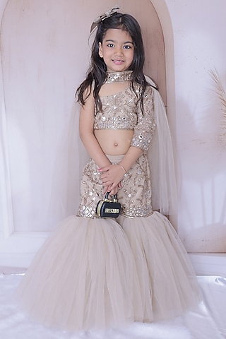 Light Golden Net Embroidered Sharara Set For Girls by Little Loom