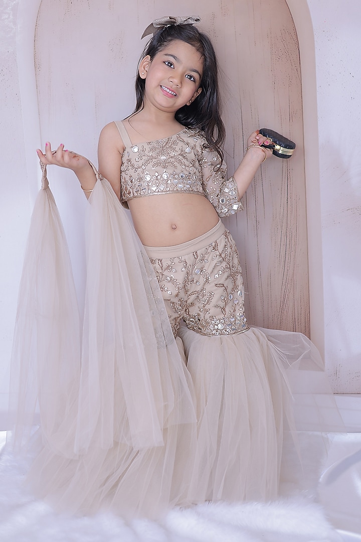Light Golden Net Embroidered Sharara Set For Girls by Little Loom at Pernia's Pop Up Shop