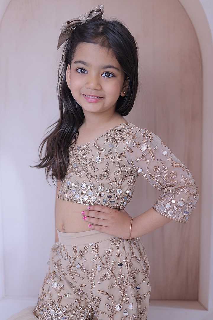 Light Golden Net Embroidered Sharara Set For Girls by Little Loom at Pernia's Pop Up Shop