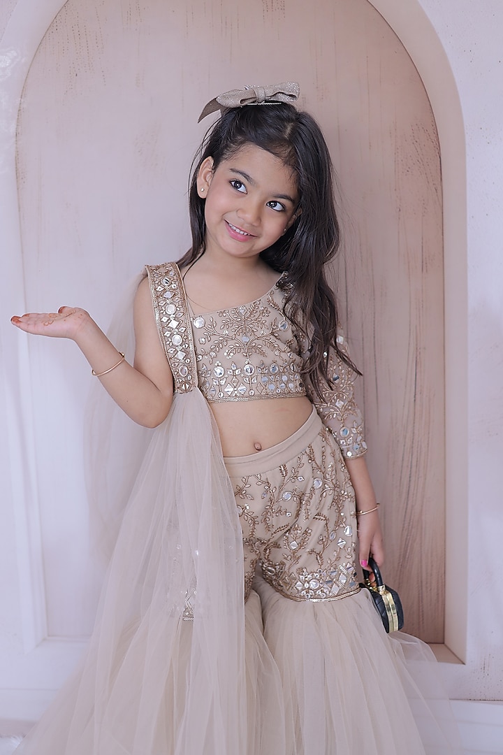 Light Golden Net Embroidered Sharara Set For Girls by Little Loom at Pernia's Pop Up Shop