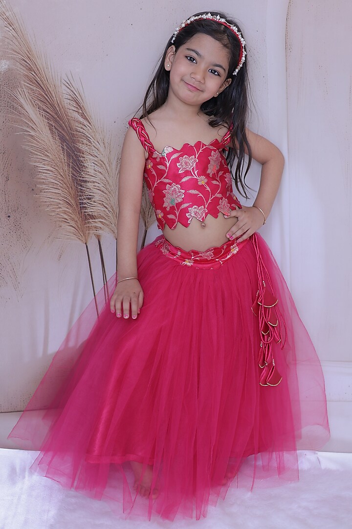 Rani Pink Banarasi Brocade Embroidered Lehenga Set For Girls by Little Loom at Pernia's Pop Up Shop