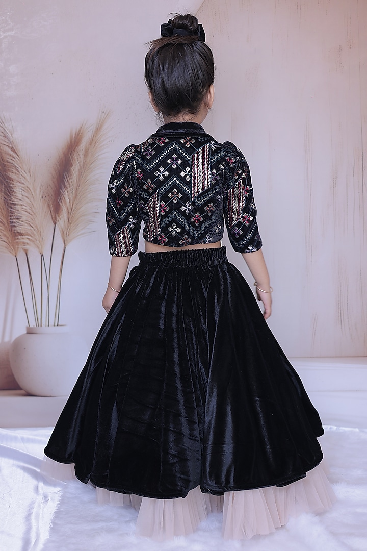 Black Velvet Thread Work Lehenga Set For Girls by Little Loom at Pernia's Pop Up Shop