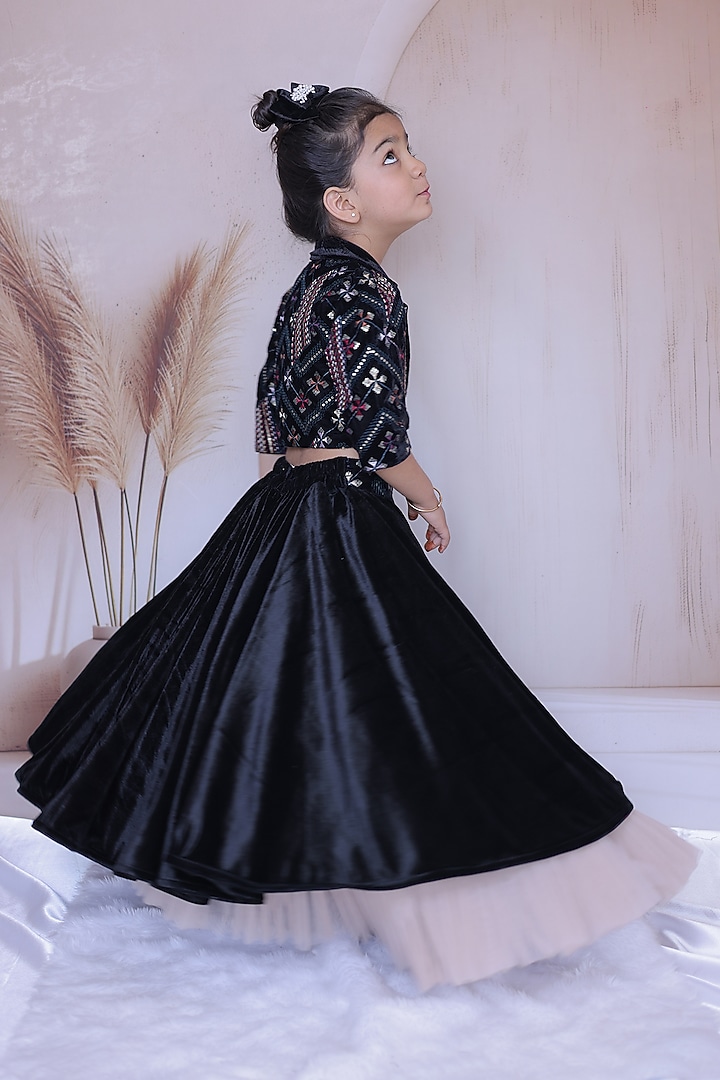 Black Velvet Thread Work Lehenga Set For Girls by Little Loom at Pernia's Pop Up Shop