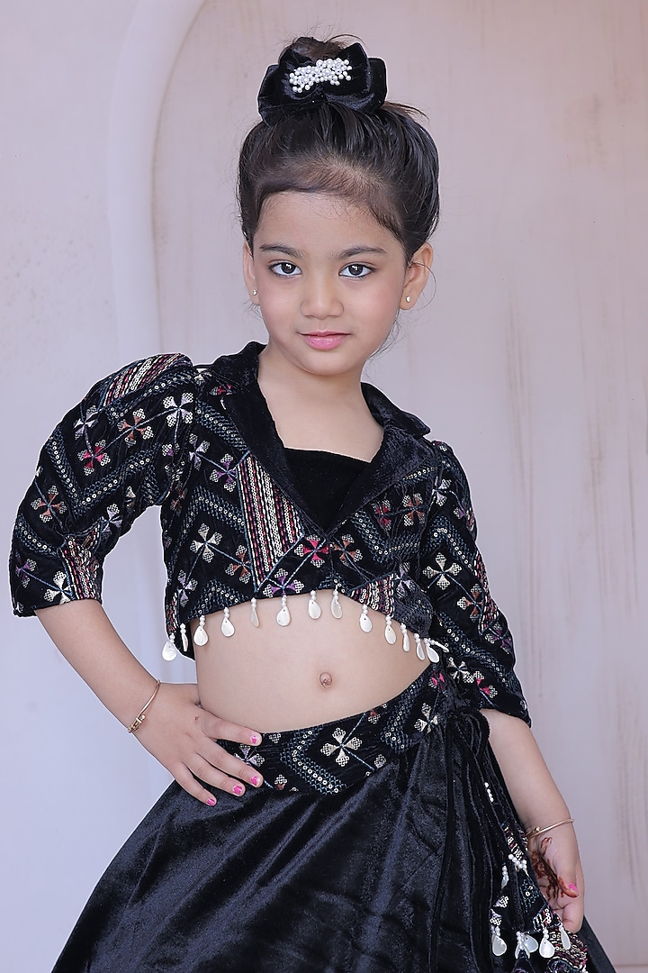 Black Velvet Thread Work Lehenga Set For Girls by Little Loom at Pernia's Pop Up Shop