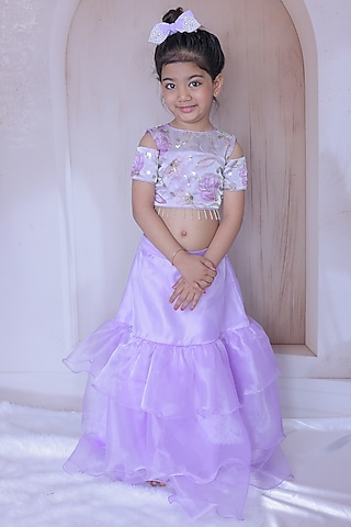 Lavender Organza & Satin Lehenga Set For Girls by Little Loom