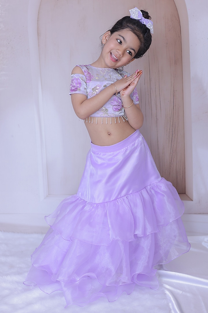 Lavender Organza & Satin Lehenga Set For Girls by Little Loom at Pernia's Pop Up Shop