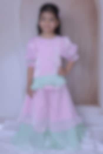 Pastel Pink & Pastel Green Space Silk Sharara Set For Girls by Little Loom at Pernia's Pop Up Shop