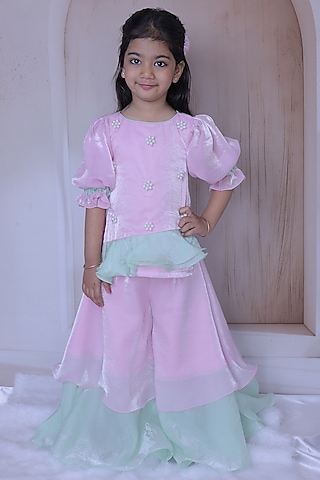 Pastel Pink & Pastel Green Space Silk Sharara Set For Girls by Little Loom